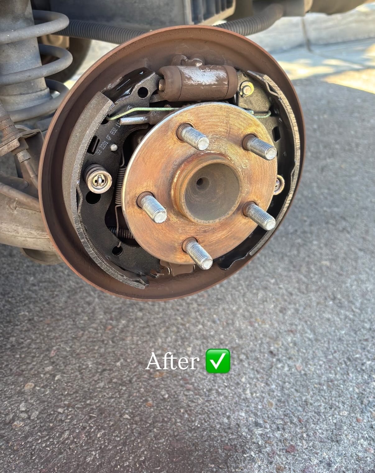 Serviced rear drum brake after service