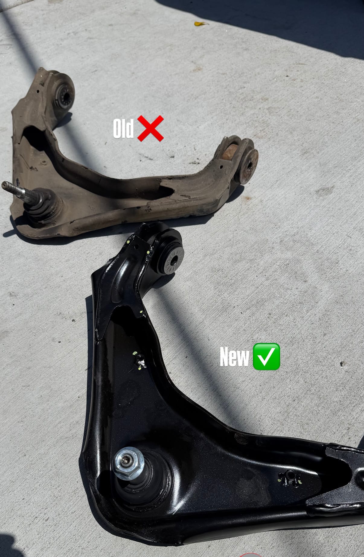 Old and new control arm comparison